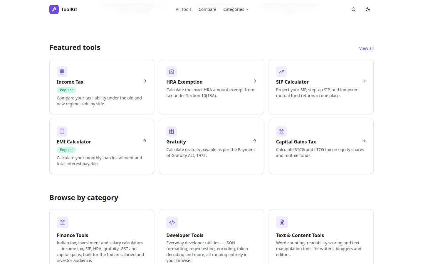 Home page of a free browser-based tools site showing the Featured tools grid with Income Tax, HRA Exemption, SIP Calculator, EMI Calculator, Gratuity and Capital Gains Tax cards, and a Browse by category section below.
