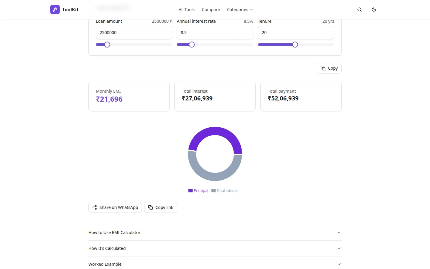 EMI Calculator with a 25,00,000 rupee loan over 20 years, showing a monthly EMI of ₹21,696, total interest ₹27,06,939, total payment ₹52,06,939, and a principal versus interest donut chart.