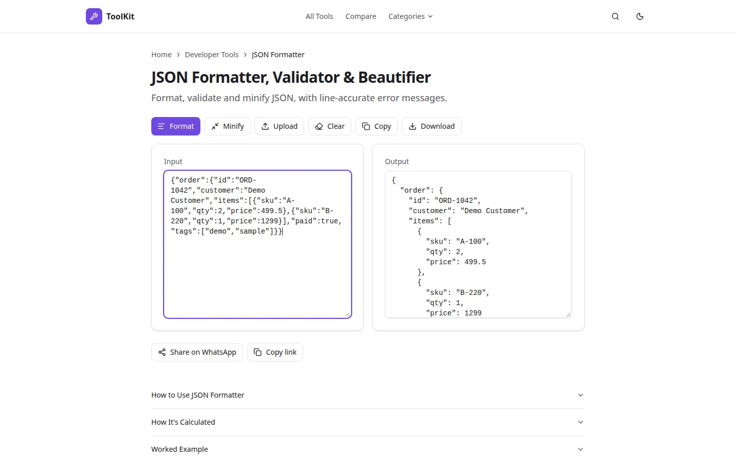 JSON Formatter with a compact sample order object in the input box and the same data pretty-printed with indentation in the output panel, with Format, Minify, Upload, Clear, Copy and Download buttons above.
