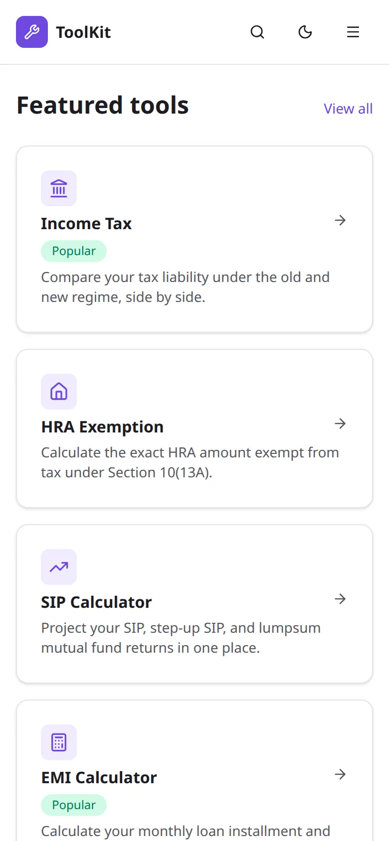 Mobile view of the home page showing the Featured tools heading and stacked cards for Income Tax, HRA Exemption, SIP Calculator and EMI Calculator.